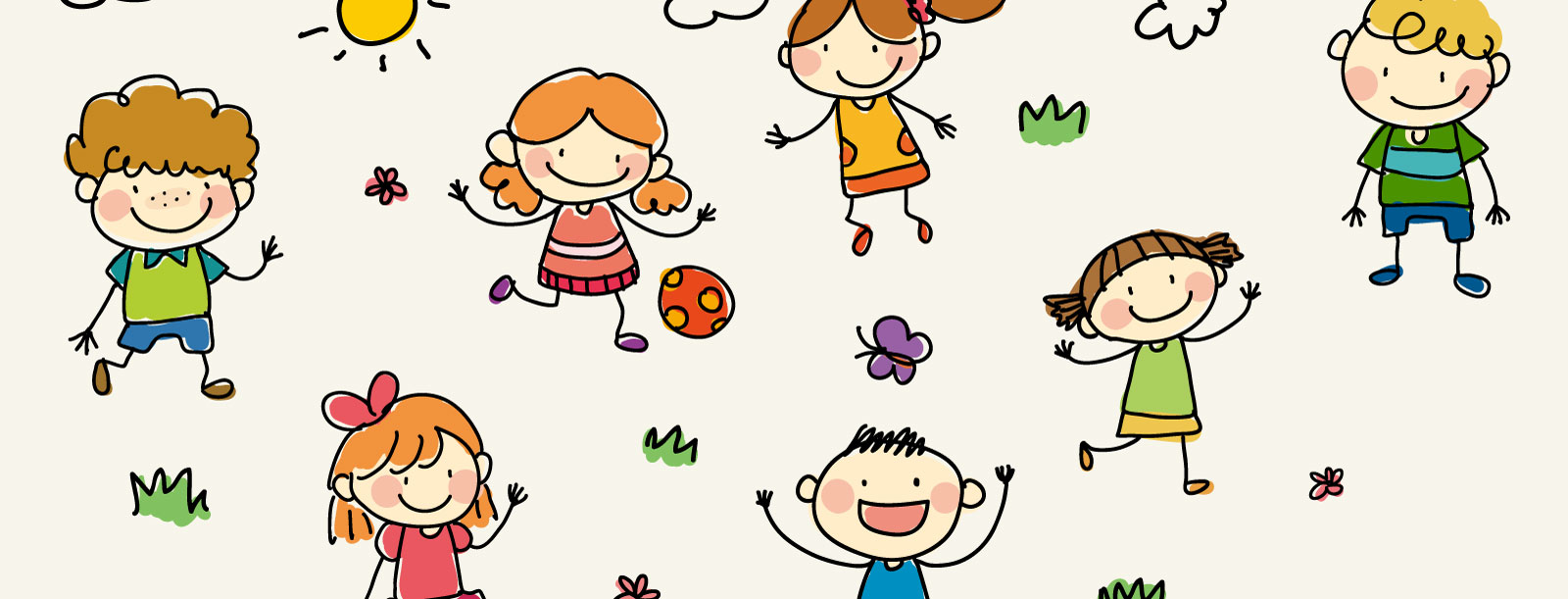 Illustration glücklicher Kinder die allesamt miteinander spielen